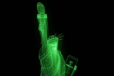 Tel Çerçeve hologramı tarzı Özgürlük heykeli. Güzel 3d render