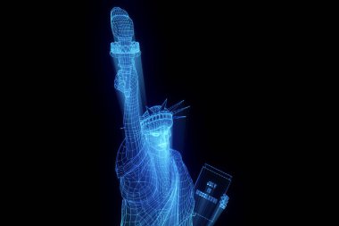 Tel Çerçeve hologramı tarzı Özgürlük heykeli. Güzel 3d render