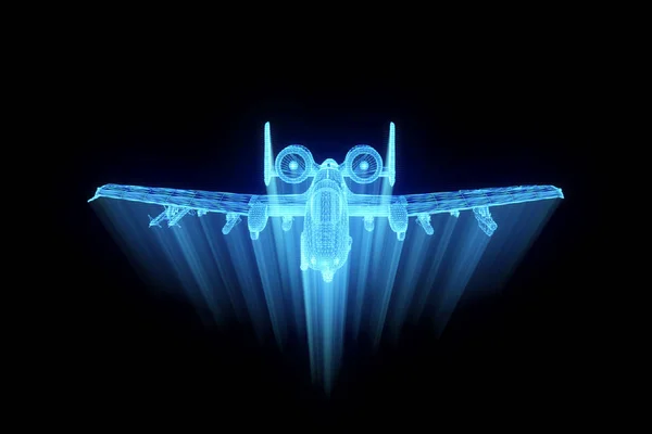 Vliegtuig Jet in Hologram Wireframe stijl. Mooie 3D-Rendering — Stockfoto