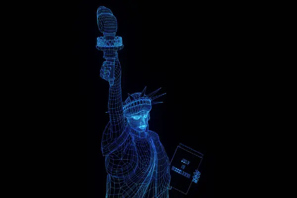 Liberty patsas Wireframe Hologram Style. Kiva 3D-renderointi — kuvapankkivalokuva