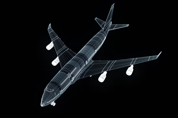 Airplane Jet in Hologram Wireframe Style. Nice 3D Rendering — Stock Photo, Image