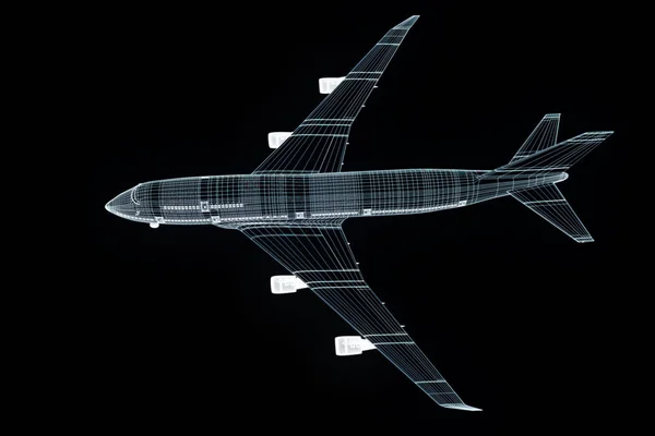 Repülőgép Jet Hologram drótváz stílusban. Szép 3D-s renderelés — Stock Fotó