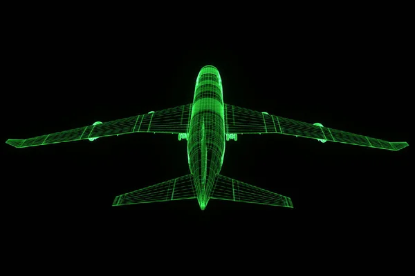 Flugzeug-Jet im Hologramm-Drahtgestell-Stil. schönes 3D-Rendering — Stockfoto