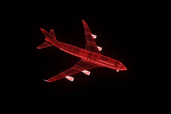 飞机射流在全息图线框风格。漂亮的 3d 渲染 — 图库照片