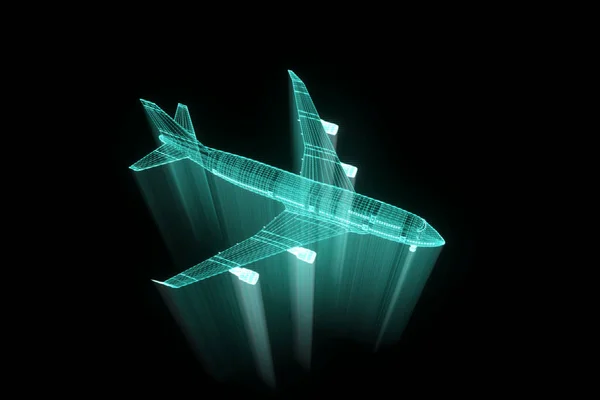 Flugzeug-Jet im Hologramm-Drahtgestell-Stil. schönes 3D-Rendering — Stockfoto