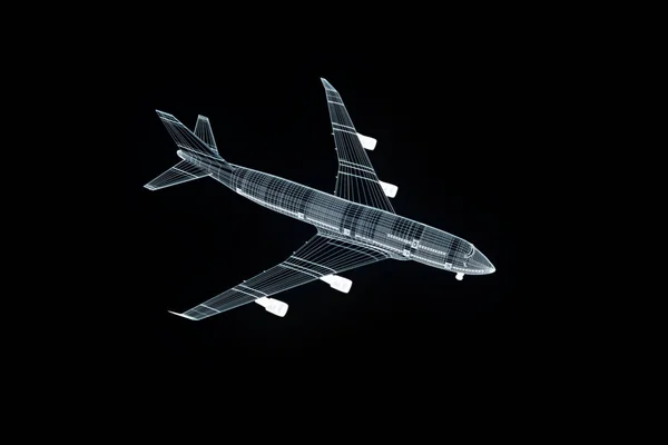 Flugzeug-Jet im Hologramm-Drahtgestell-Stil. schönes 3D-Rendering — Stockfoto