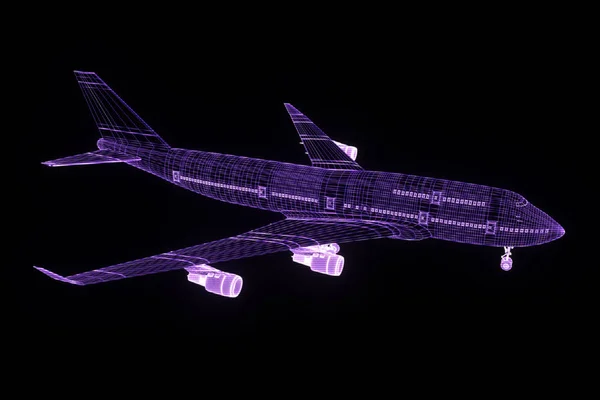 Flugzeug-Jet im Hologramm-Drahtgestell-Stil. schönes 3D-Rendering — Stockfoto
