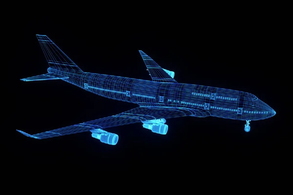 飞机射流在全息图线框风格。漂亮的 3d 渲染 — 图库照片