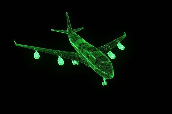 Αεριωθούμενο αεροπλάνο σε ολόγραμμα Wireframe στυλ. Ωραία 3d Rendering — Φωτογραφία Αρχείου