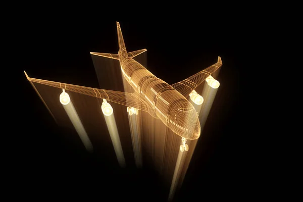 Αεριωθούμενο αεροπλάνο σε ολόγραμμα Wireframe στυλ. Ωραία 3d Rendering — Φωτογραφία Αρχείου