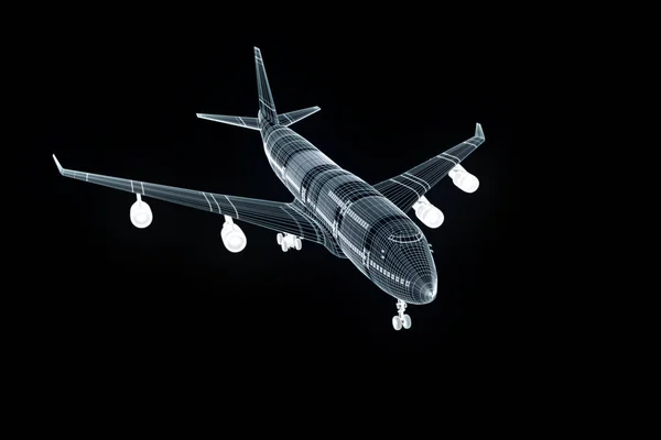 Tryskové letadlo ve stylu drátového modelu Hologram. Pěkný 3d vykreslování — Stock fotografie