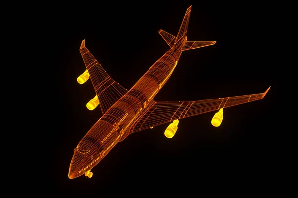 Airplane Jet in Hologram Wireframe Style. Nice 3D Rendering — Stock Photo, Image