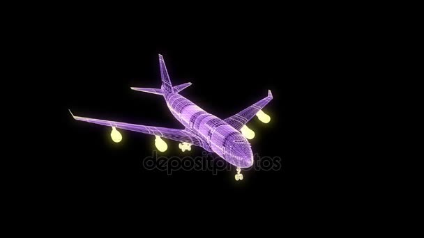 Αεριωθούμενο αεροπλάνο σε ολόγραμμα Wireframe στυλ. Ωραία 3d Rendering — Αρχείο Βίντεο