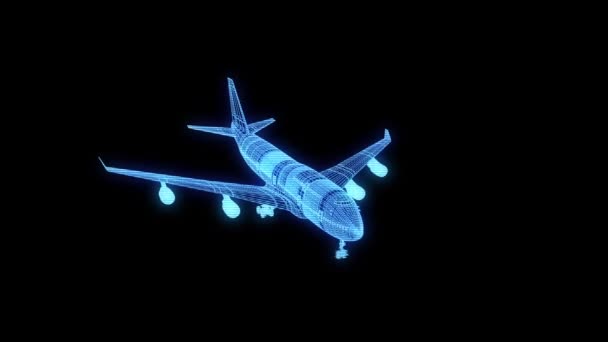 Tryskové letadlo ve stylu drátového modelu Hologram. Pěkný 3d vykreslování — Stock video