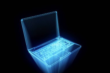 Hologram tel kafes tarzı içinde laptop. Güzel 3d render