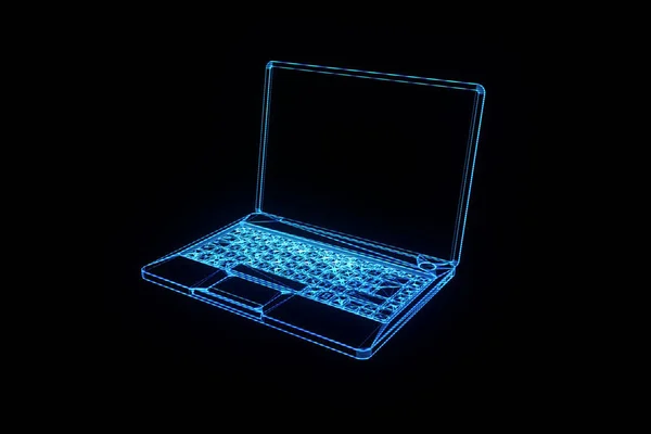 Laptop im Hologramm-Wireframe-Stil. schönes 3D-Rendering — Stockfoto