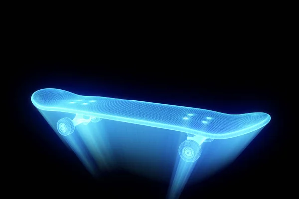 Skateboard ve stylu drátového modelu Hologram. Pěkný 3d vykreslování — Stock fotografie