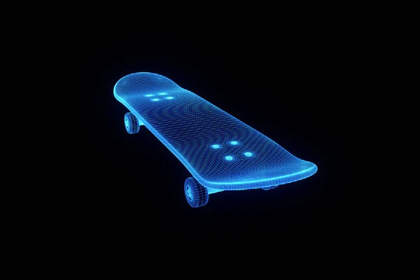 Skateboard ve stylu drátového modelu Hologram. Pěkný 3d vykreslování — Stock fotografie