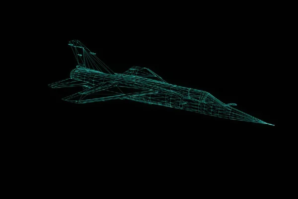 Tryskové letadlo ve stylu drátového modelu Hologram. Pěkný 3d vykreslování — Stock fotografie