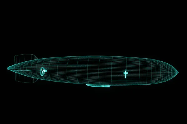 Zeppelin ve stylu drátového modelu Hologram. Pěkný 3d vykreslování — Stock fotografie