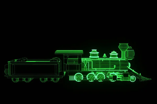 홀로그램 와이어 프레임 스타일에 기차. 멋진 3d 렌더링 — 스톡 사진