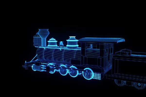 홀로그램 와이어 프레임 스타일에 기차. 멋진 3d 렌더링 — 스톡 사진