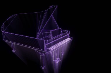 Tel Çerçeve hologramı tarzı 3D müzik piyano. Güzel 3d render