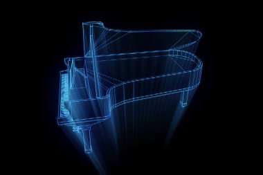 Tel Çerçeve hologramı tarzı 3D müzik piyano. Güzel 3d render