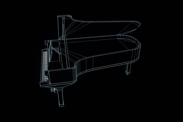 3D music Piano ve stylu drátového modelu Hologram. Pěkný 3d vykreslování — Stock fotografie