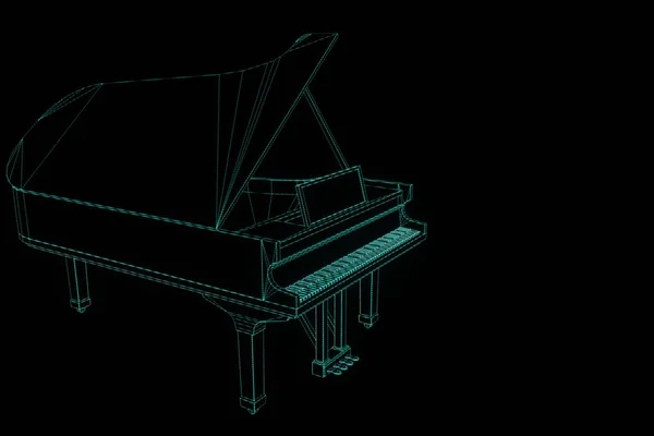 Pianoforte musicale 3D in stile ologramma wireframe. Rendering 3D piacevole — Foto Stock