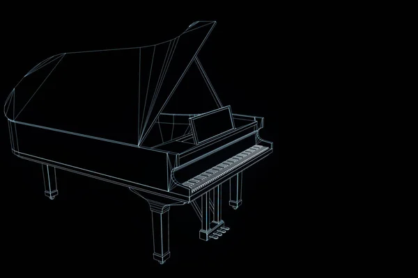 와이어 프레임 홀로그램 스타일에서 3d 음악 피아노입니다. 멋진 3d 렌더링 — 스톡 사진