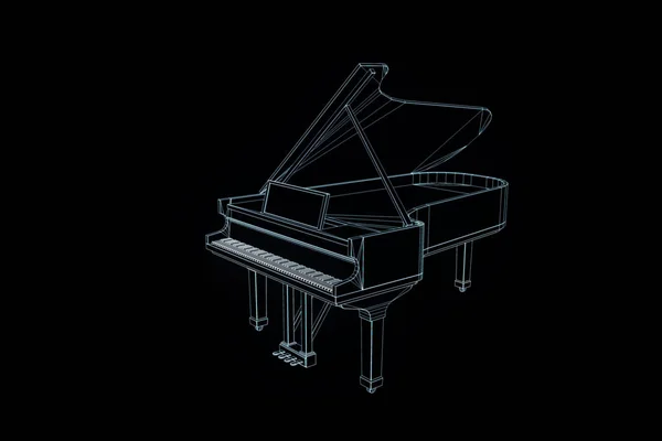 3D music Piano ve stylu drátového modelu Hologram. Pěkný 3d vykreslování — Stock fotografie