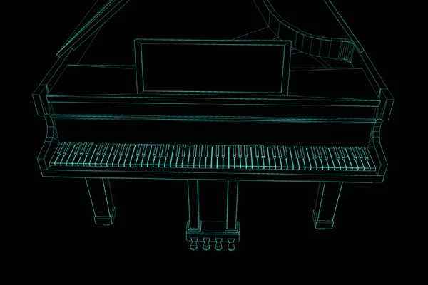 线框全息图的风格在 3d 音乐钢琴。漂亮的 3d 渲染 — 图库照片