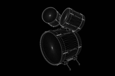 Tel Çerçeve hologramı tarzı 3D davul seti. Güzel 3d render