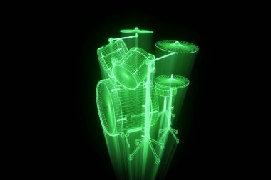 Tel Çerçeve hologramı tarzı 3D davul seti. Güzel 3d render