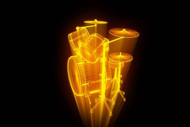 Tel Çerçeve hologramı tarzı 3D davul seti. Güzel 3d render