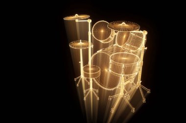Tel Çerçeve hologramı tarzı 3D davul seti. Güzel 3d render