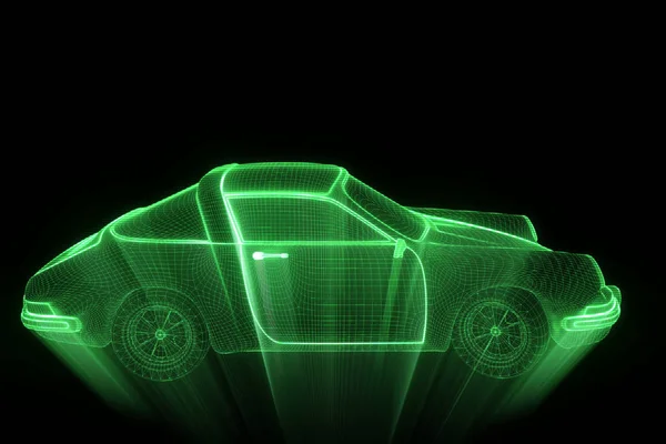 Závodní auto Hologram drátový model. Pěkný 3d vykreslování — Stock fotografie