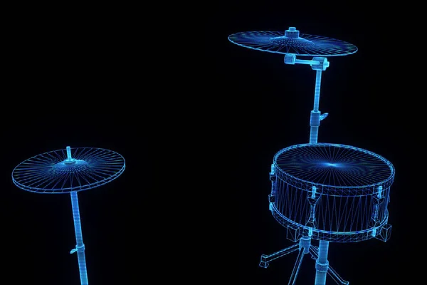 3D drum Set ve stylu drátového modelu Hologram. Pěkný 3d vykreslování — Stock fotografie