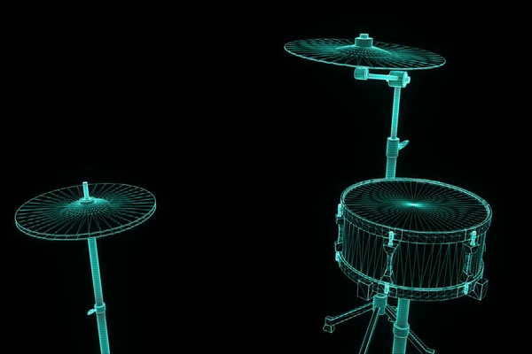 3D drum Set σε στυλ Wireframe ολόγραμμα. Ωραία 3d Rendering — Φωτογραφία Αρχείου