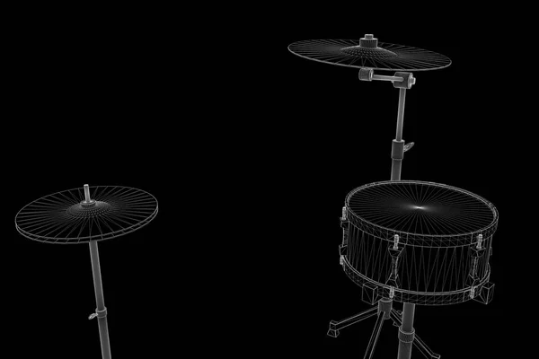 3D drum Set ve stylu drátového modelu Hologram. Pěkný 3d vykreslování — Stock fotografie
