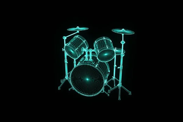 Drum Set 3D dalam Gaya Hologram Wireframe. Perenderan 3D Bagus — Stok Foto