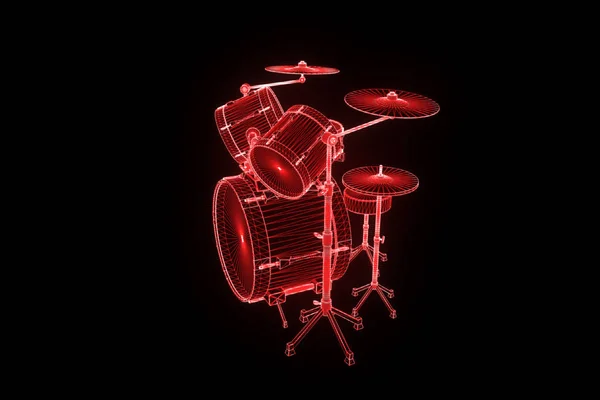 3D drum Set σε στυλ Wireframe ολόγραμμα. Ωραία 3d Rendering — Φωτογραφία Αρχείου