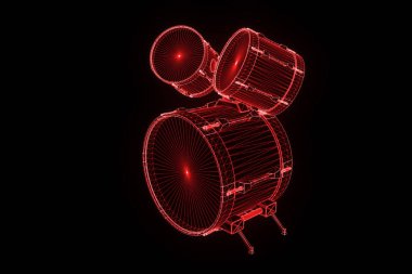 Tel Çerçeve hologramı tarzı 3D davul seti. Güzel 3d render