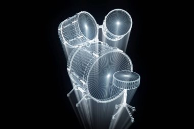 Tel Çerçeve hologramı tarzı 3D davul seti. Güzel 3d render