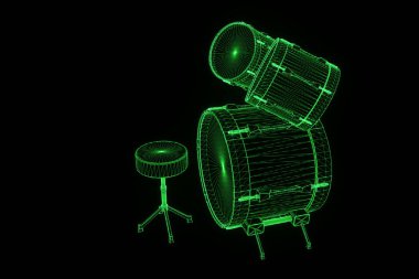 Tel Çerçeve hologramı tarzı 3D davul seti. Güzel 3d render