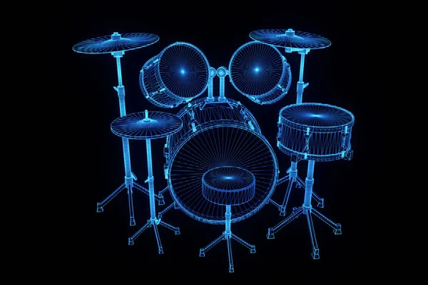3D Drum Set in Wireframe Hologram Style. Nice 3D Rendering — Stock Photo, Image