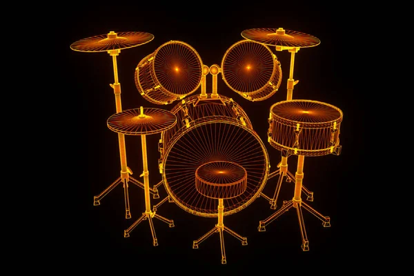 Drum Set 3D dalam Gaya Hologram Wireframe. Perenderan 3D Bagus — Stok Foto