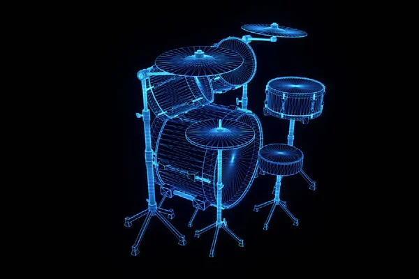 Conjunto de tambor 3D en estilo holograma Wireframe. Niza 3D Rendering —  Fotos de Stock