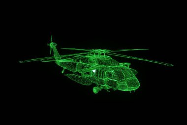 Helikopter Tel Çerçeve hologramı hareket. Güzel 3d render